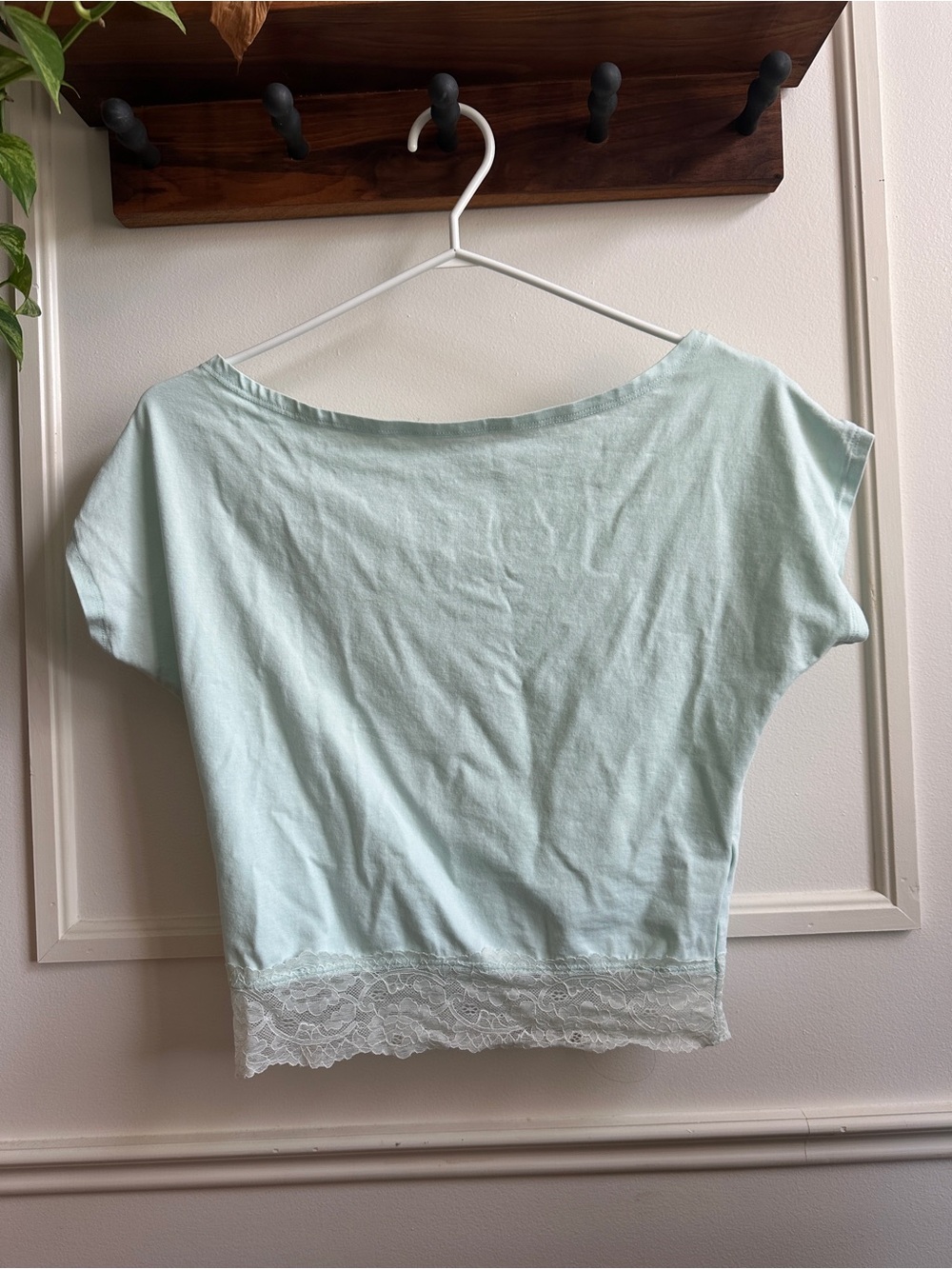 Subdued Off the Shoulder Mint Lace-Hem Crop Top